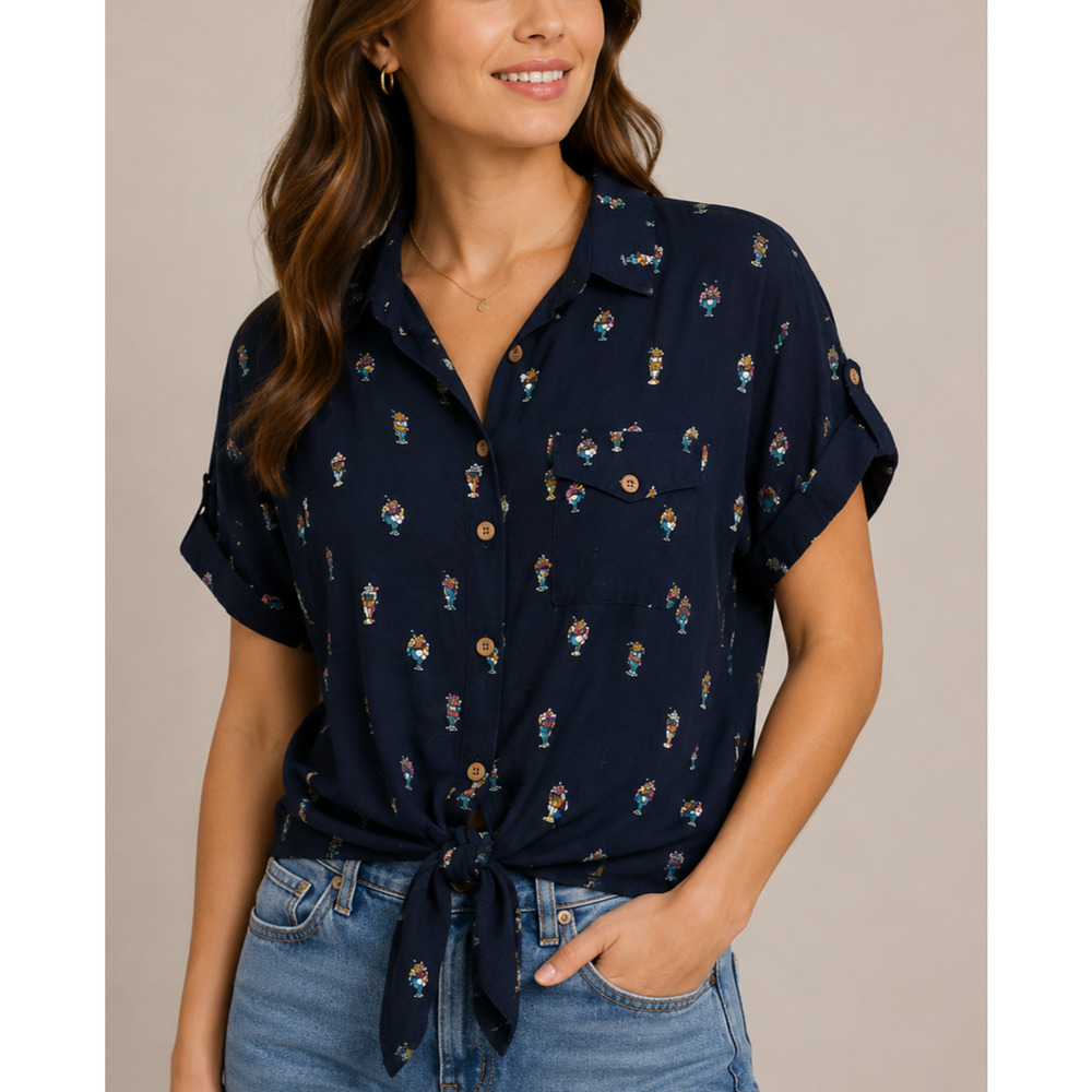 Love Notes Women's Navy Ice Cream Print Tie Front Shirt M Rayon Button Up Top